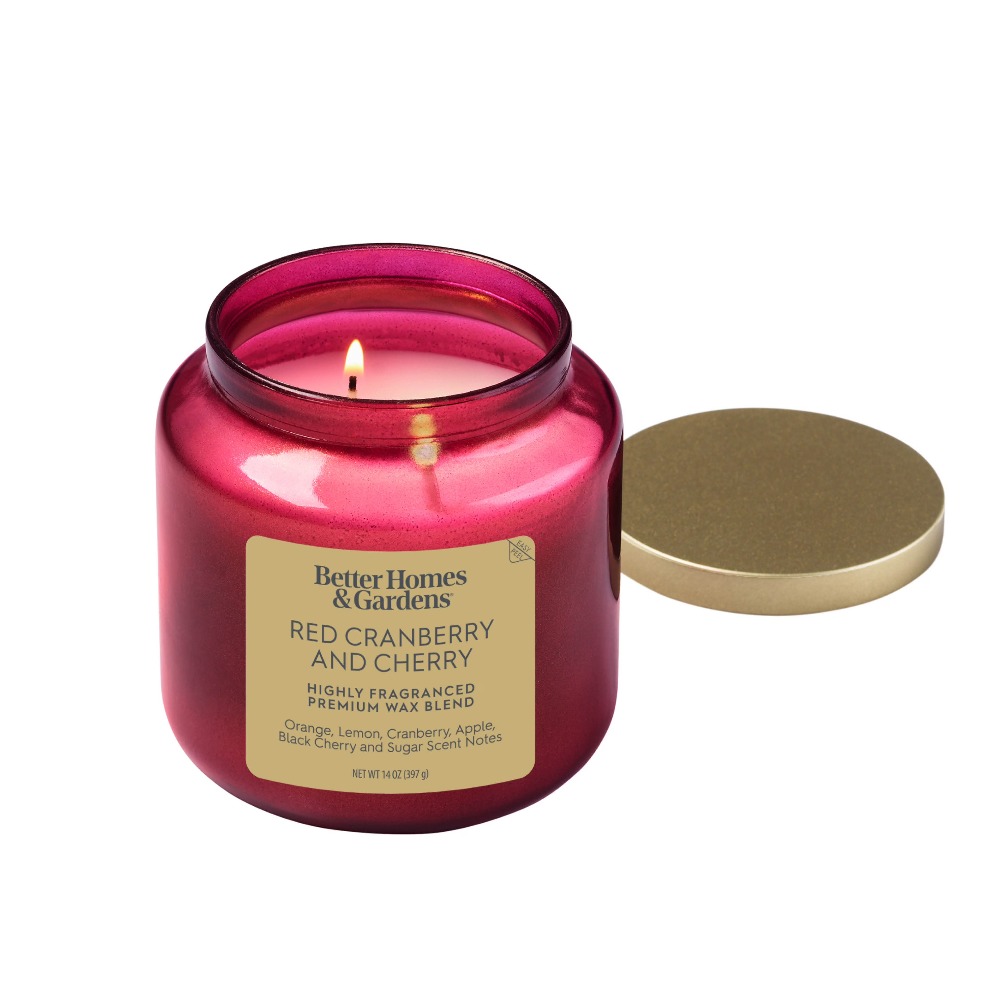 赤いガラス瓶のキャンドル、金色の蓋付き、赤いクランベリーチェ - Fragrance In Home のレビューと価格